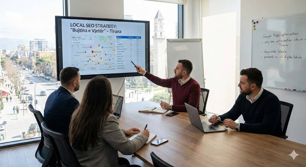 Ekipi që prezanton një strategji lokale SEO për një biznes shqiptar, duke ilustruar ndikimin e shërbimeve profesionale SEO në Shqipëri mbi renditjen në Google Maps.