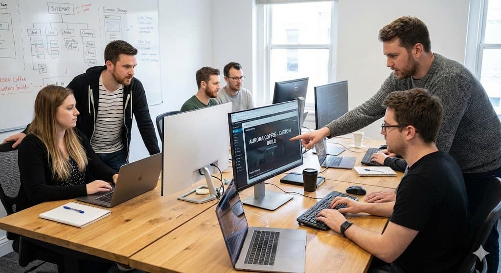 Technical team collaborating on a custom WordPress development in Albania project, reviewing code and layout design for a local corporate client.